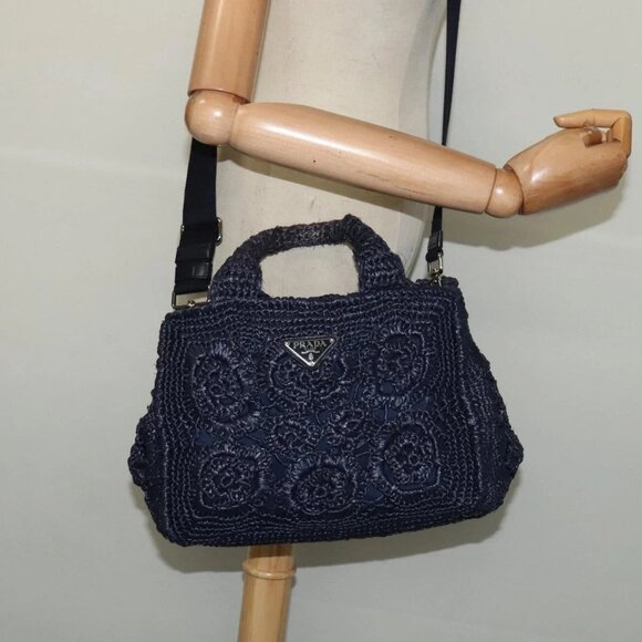 PRADA Canapa PM Hand Bag Raffia Navy Auth am8832 - Picture 14 of 16